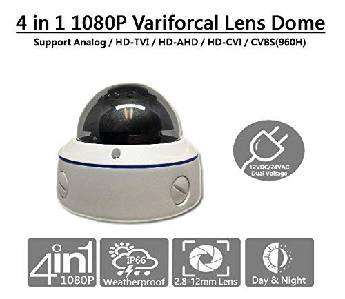 101AV 1080P Dual power DC12V AC24V 4in1 (TVI, AHD, CVI, SD Analog) 2.8-12mm Lens wide Angle IR Dome Security Camera In/Outdoor Smart IR Range 100ft Office Home