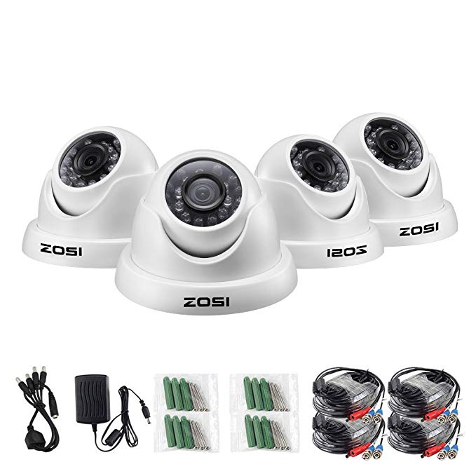 ZOSI 4 Pack Security Cameras ,HD-TVI 1.0MP 1280TVL(720P) Weatherproof Outdoor/Indoor Day Night Dome Surveillance Camera System,Night Vision Up to 65FT(20M)