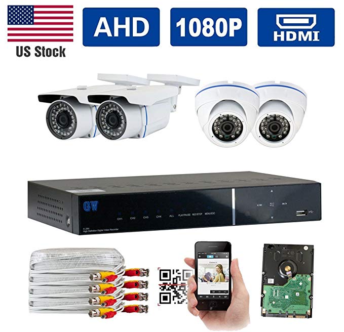 GW Security 8 Channel 1080P 5-in-1 DVR Video Surveillance Camera System 4 1080P 2.1MP Outdoor/Indoor Day/Night Waterproof Bullet Dome Security Camera