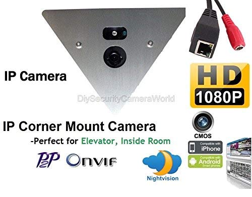 H.264 1920x1080P 2.0MP IP Network NightVision Corner Mountable Camera 12VDC Support Audio P2P Onvif, Mobile Phone View. Prefect for Elevator, Inside Room. with PoE Splitter