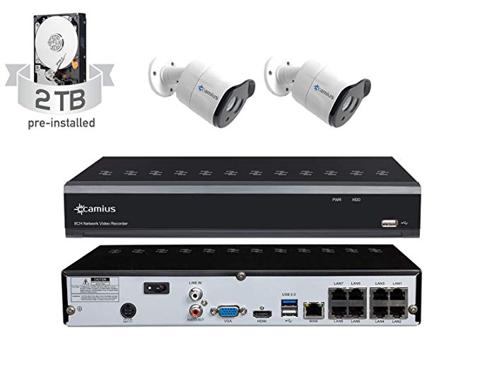 Camius 5MP 2592 x 1944 8-Channel NVR PoE IP Surveillance Security Camera System with Hard Drive 2TB, Two 5MP PoE Bullet Cameras, Mobile,PC, Mac Compatible
