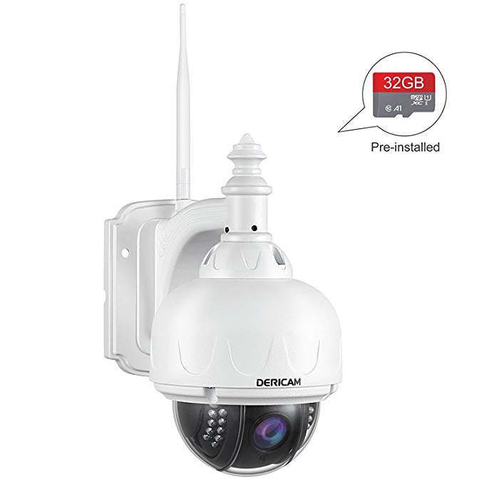 Dericam Outdoor WiFi Security Camera, Wireless PTZ Camera, HD 960P, 4X Optical Zoom, Auto Focus, Night Vision, Motion Detection, Pre-Installed 32GB Memory Card, White