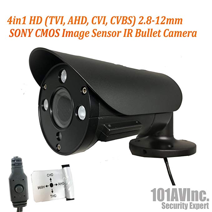 101AV Security Bullet Camera 1080P True Full-HD 4 in 1(TVI, AHD, CVI, CVBS) 2.8-12mm Variable Focus Lens 2.4Megapixel CMOS Image Sensor IR in/Outdoor DWDR OSD Camera (Charcoal)