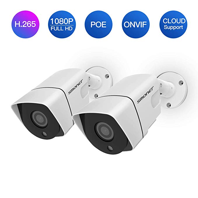 POE Security Camera, SMONET H.265 Full HD 1080P 2.0 Mega-Pixel IP Camera, IP66 Home Security Camera for Indoor&Outdoor, Support ONVIF, Cloud Service, 65ft Night Vision(2Packs)