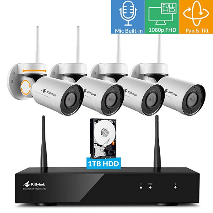 [Pan Tilt & Built-in Audio] Kittyhok 1080p HD H.265 Pan Tilt Wireless Security Camera System Outdoor with 8CH NVR, 4pcs WiFi PT Cameras and 1TB HDD, 4x Digital Zoom, Night Vision, Easy Mobile Access
