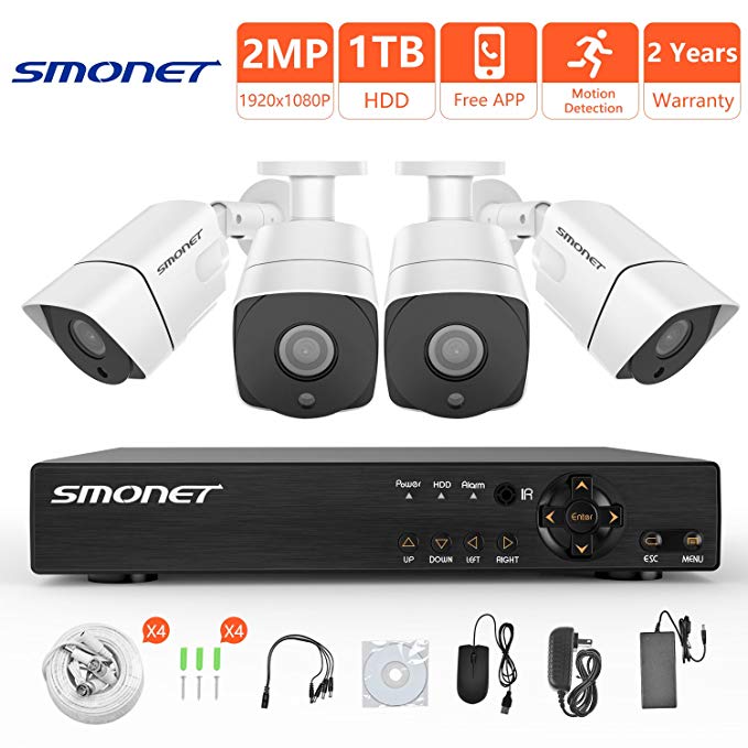 [Full HD] Security Camera System 1080P,SMONET 4 Channel Home Security Camera System(1TB Hard Drive),4pcs 2MP Outdoor Cameras,Super Night Vision,P2P,Easy Remote View,Free APP,NO Monthly Fee
