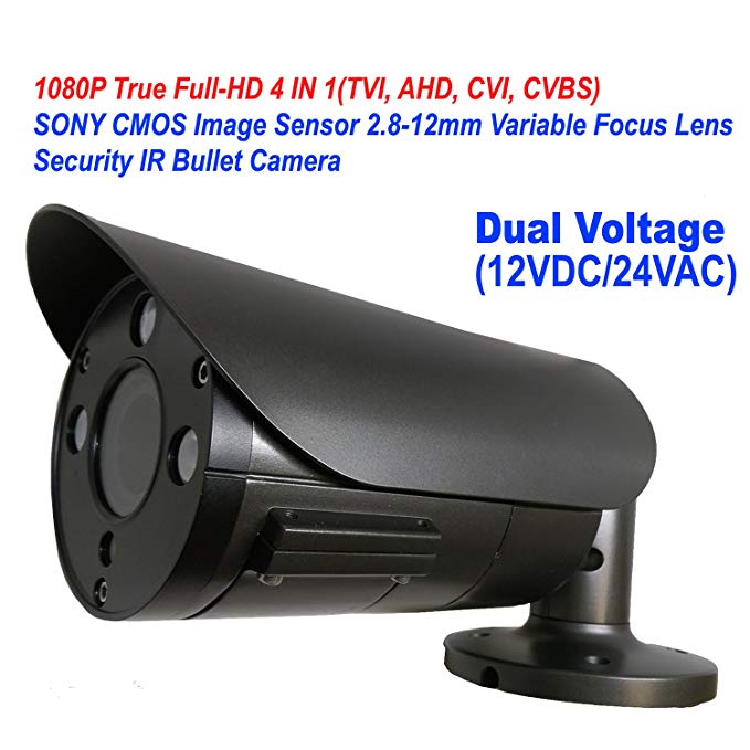 101AV 1080P True Full-HD Security Bullet Camera 4IN1(TVI, AHD, CVI, CVBS) 2.1Megapixel CMOS Image Sensor 2.8-12mm Variablefocus Lens IR In/Outdoor Auto Iris OSD Dual Voltage 12VDC/24VAC Charcoal