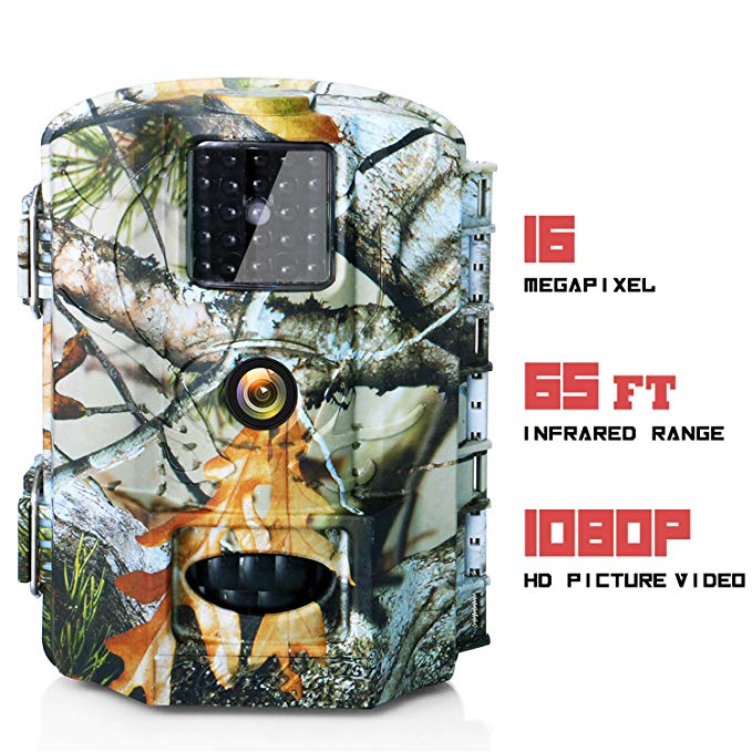 Olymbros Trail Camera 16MP 1080P HD/Wildlife Cam 110°Wide Angle/ 20m Detection Range/Trigger Time 0.6s IP65/ Storage to 32GB/ IR Night Version for Outdoor Nature Garden Home Security Surveillance