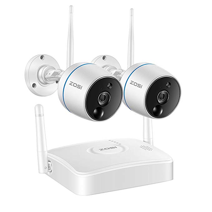 ZOSI Wireless Security Cameras System, 1080P 4CH Mini NVR and (2) HD 1080p 2.0MP Weatherproof Outdoor Indoor WiFi IP CCTV Cameras, PIR Motion Sensors, Two-Way Audio, SD Card Storage