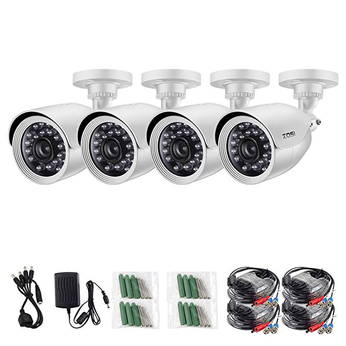 ZOSI 4 Pack HD-TVI 1280TVL 720p HD Outdoor/Indoor Security Bullet Camera with Night Vision