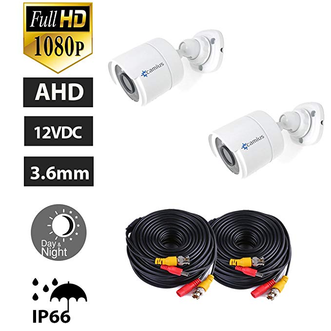 2-Pack Camius 1080P Bullet Security Camera + 60ft BNC Cable - AHD CCTV Camera for a DVR Surveillance System - Night Vision 66ft, Metal IP66 Weatherproof -Works with 12V DC (Requires an AHD DVR)