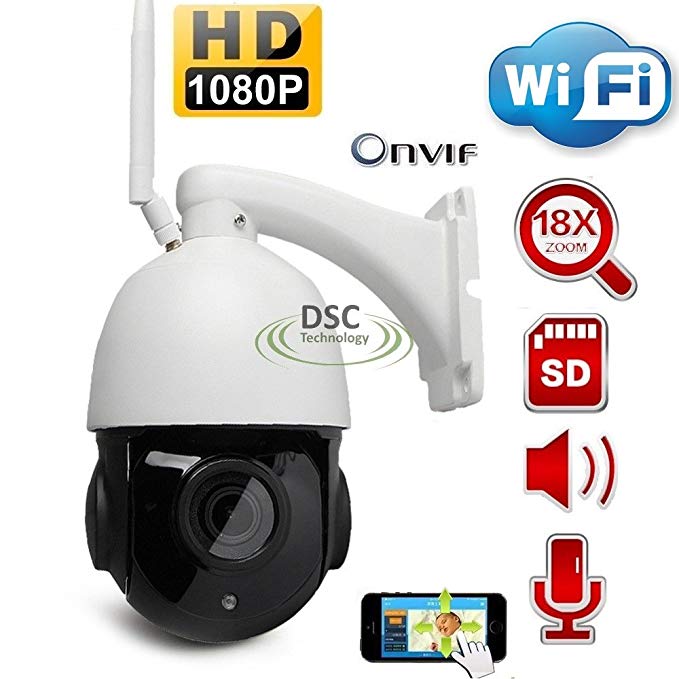 PTZ Wifi IP Camera Onvif 1080P HD H.264 Wireless Waterproof CCTV Security Dome Camera with 18X Optical Zoom Auto-Focus, 355°Pan/90°Tilt, IR-CUT Night Vision, Motion Detection, Pre-Install 16GB SD Card