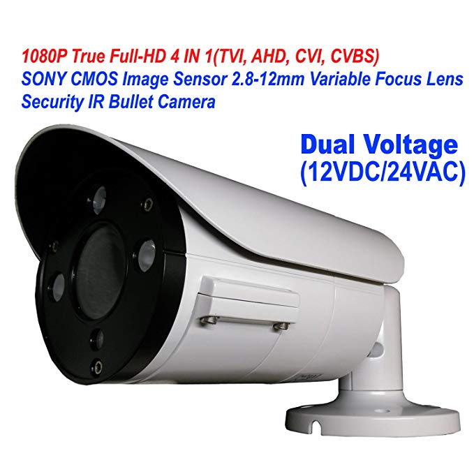 101AV 1080P True Full-HD Security Bullet Camera 4IN1(TVI, AHD, CVI, CVBS) 2.1Megapixel CMOS Image Sensor 2.8-12mm Variablefocus Lens IR In/Outdoor Auto Iris OSD Dual Voltage 12VDC/24VAC (White)
