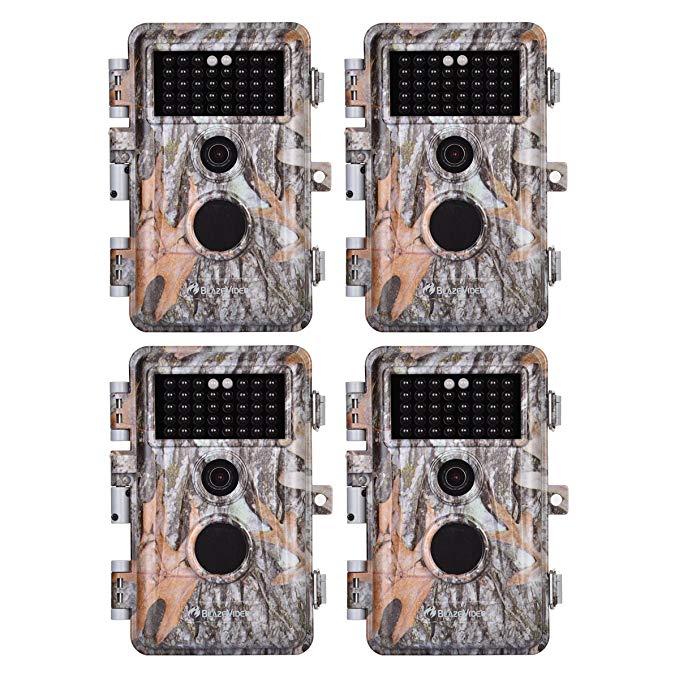 BlazeVideo 4-Pack HD 16MP 1080P Game Trail Deer Cameras Hunting Wildlife Animal Camera No Glow Infrared Motion Sensor Activated IP66 Waterproof with 65ft Night Vision 38 IR LEDs Video Record 2.4
