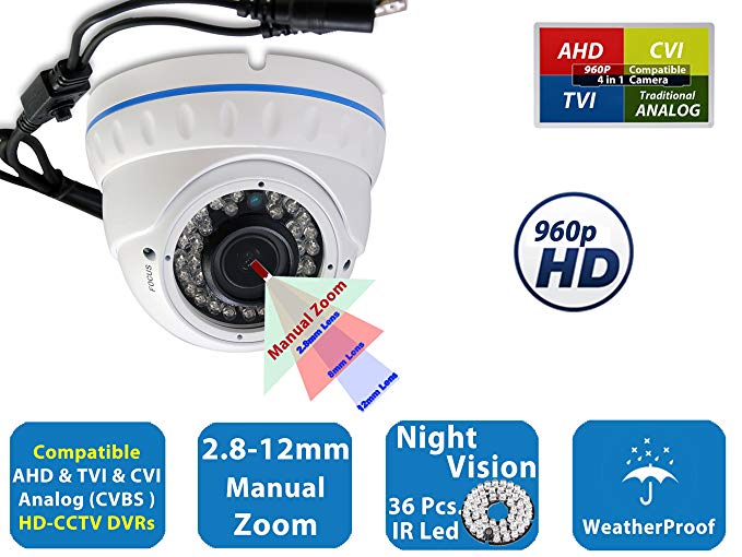 Evertech 960 P , 36 IR LED Color, 2.8~12mm Wide Angle Manual ZOOM Vari-focal Lens Indoor & Outdoor Metal White Home Security Surveillance Dome Camera - White