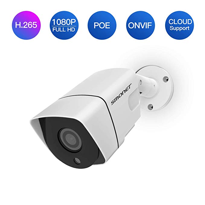 POE Security Camera, SMONET H.265 Full HD 1080P 2.0 Mega-Pixel IP Camera, IP66 Home Security Camera for Indoor&Outdoor, Support ONVIF, Cloud Service, 65ft Night Vision