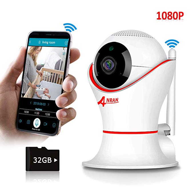Home Wireless Security Camera with SD Card 32GB, 360 Security Camera Wireless HD 1080P, as Wireless Baby Camera Motion Detector with Audio, Wireless Pet Camera for iPhone, Night Vision, Video Record