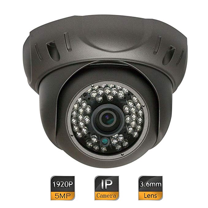 GW Security 5 Megapixel (2592 x 1920) Super HD 1920P High Resolution Network PoE Power Over Ethernet Security Dome IP Camera with 3.6mm Wide Angle Len (Grey)