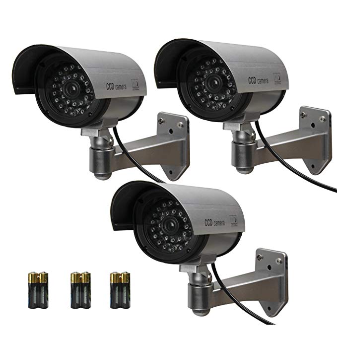 Etekcity 3 Pack Surveillance Fake Dummy Camera CCD, Baterries Included, with LED Flashing/Blinking Light, Indoor and Outdoor(Silver)