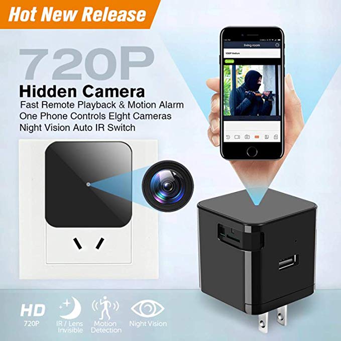 Hidden Camera WiFi Wall Charger Spy Cam Plug with Night Vision Spy USB Camera 720P Hidden Wireless with Motion Detection for iOS and Android Phone
